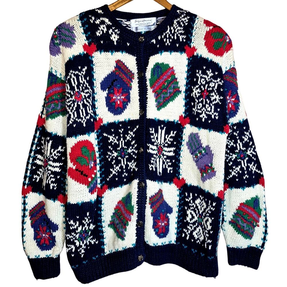 Vintage Northern Isles Holiday Patchwork Thick Knit Cardigan Sweater Button-Up L